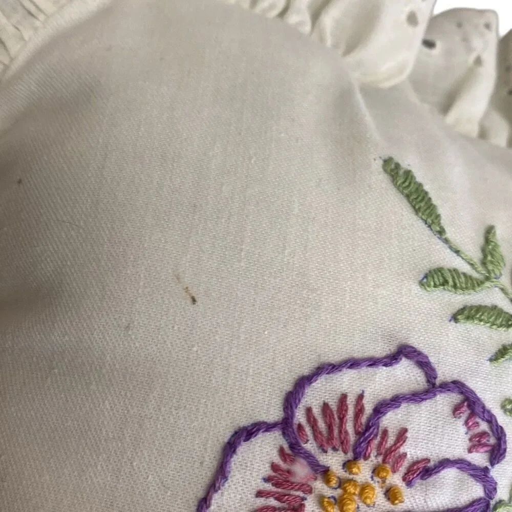 Vintage Embroidered Accent Pillow Floral Flowers Butterfly w Ruffle 17”x17”